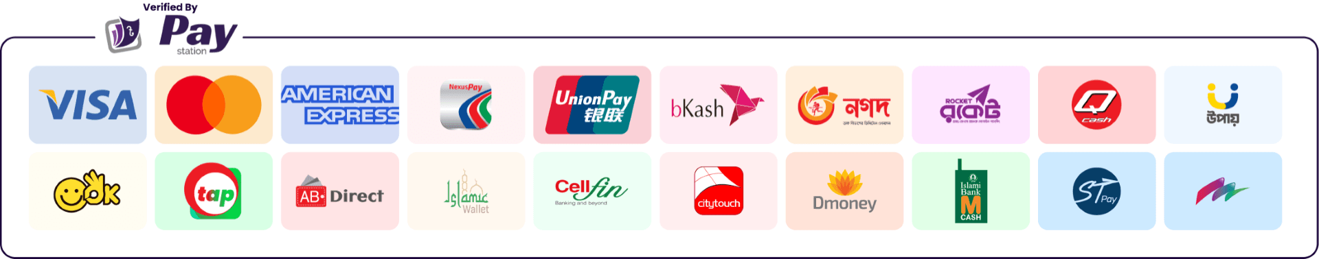 Verified by PayStation. Pay with Visa, Mastercard, American Express, NexusPay, UnionPay, bKash, Nagad, Rocket, Q Cash, Upay, OK Wallet, Tap, AB Direct, Islamic Wallet, CellFin, Citytouch, Dmoney, mCash, ST Pay and MTB.